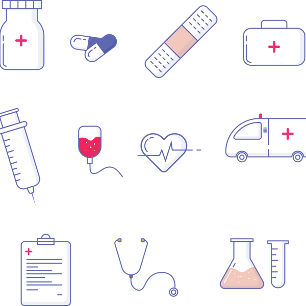 Illustration représentant des éléments médicaux : médicaments, ambulance, seringue, pilule, pensement, etc. 